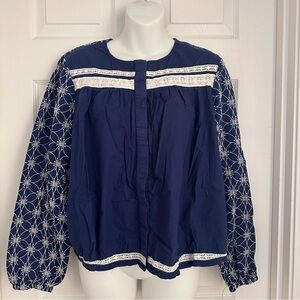 LOGO Lavish Women's Small Navy Blue Embroidered Cotton Peasant Blouse Boho